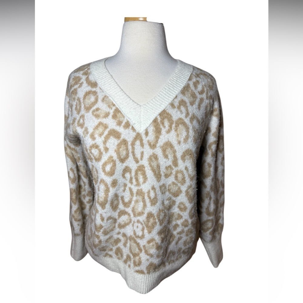 Leopard Print V-Neck Sweaterby Nine West - Cream and Tan- Size Medium